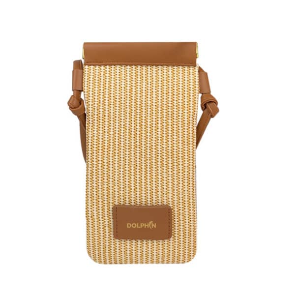 A PU leather braided mobile phone bag in beige and brown, featuring a strap and a logo. PU Leather Braided Mobile Phone Bag - Image 1