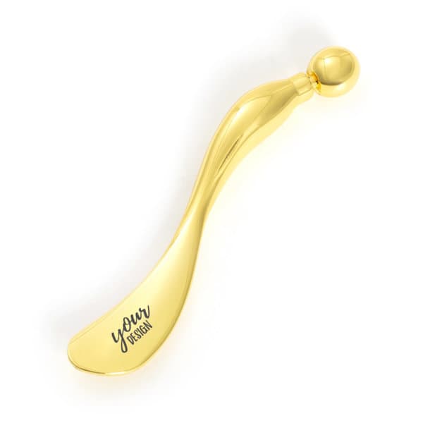 A gold S-shaped facial massage stick with a rounded end, featuring a logo on one side. Metal S Shaped Facial Massage Stick - Image 1