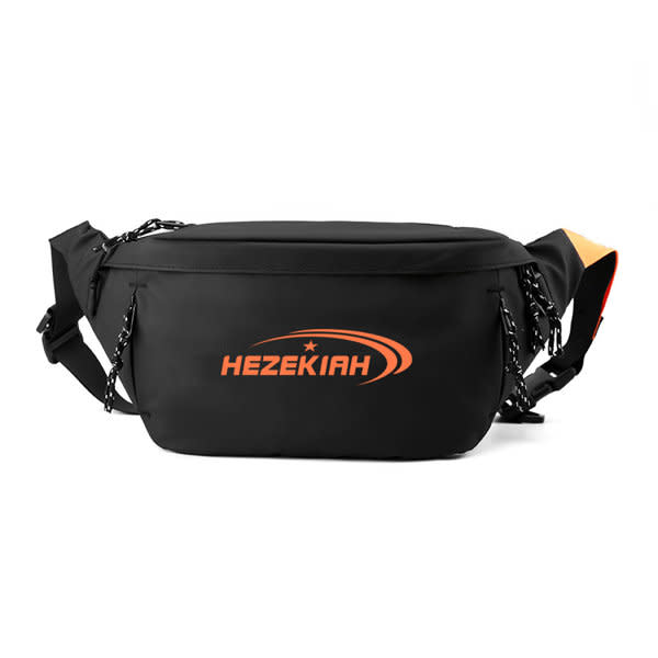 A large black travel fanny pack with zipper pockets and an orange logo. Features adjustable straps. Large Travel Fanny Pack With Zipper Pockets - Image 1