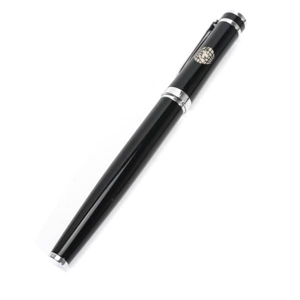 A smooth writing ballpoint pen in black with silver accents and a logo on the side. Smooth Writing Ballpoint Pen - Image 1