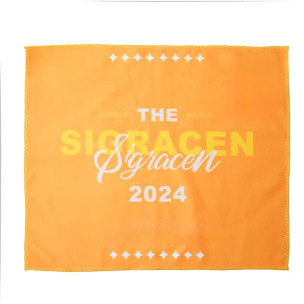 An orange microfiber towel featuring white and yellow text, with a logo in the design. Microfiber Tournament Rally Towel - Image 1