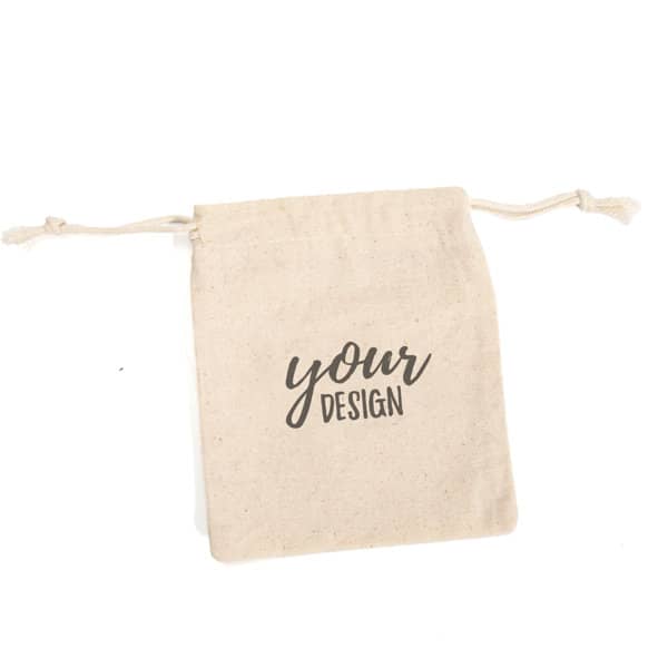 A cream cotton drawstring pouch featuring a design area and a simple drawstring closure. Drawstring Cotton Pouch - Image 1