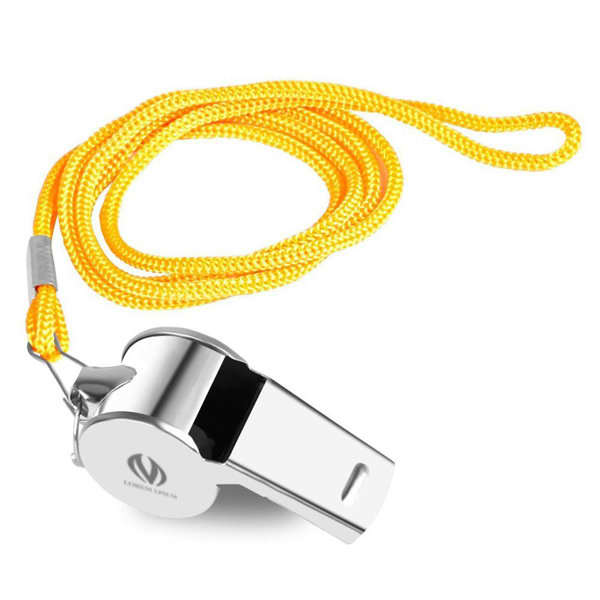 A silver sports whistle with a yellow lanyard, featuring a textured surface and a metallic finish. Sports Whistles With Lanyard - Image 1