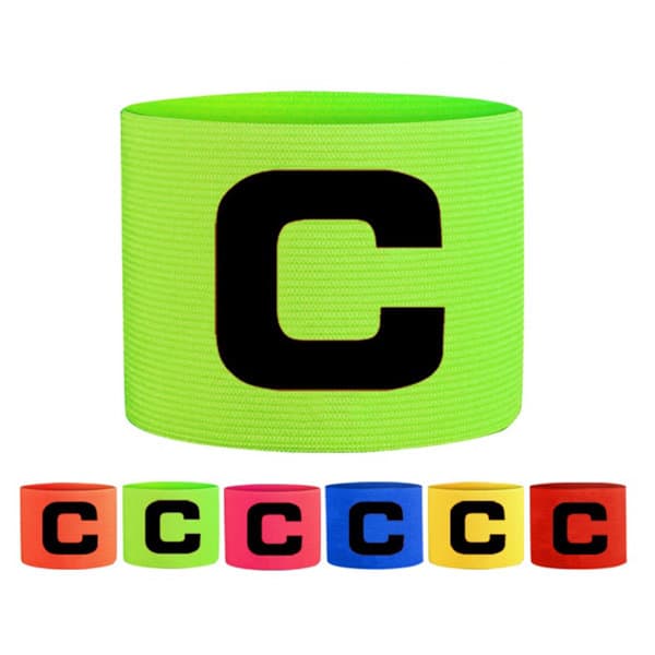 A collection of elastic polyester armbands in neon green, pink, blue, yellow, orange, and red, each featuring a black letter "C." Elastic Polyester Armband - Image 1