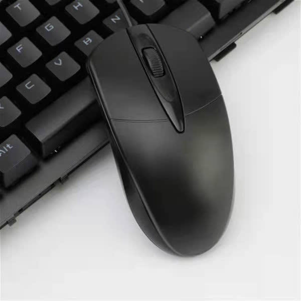 A black wired mouse with a USB cable positioned on a black keyboard. The mouse features a scroll wheel and buttons. Wired Mouse With USB Cable - Image 1