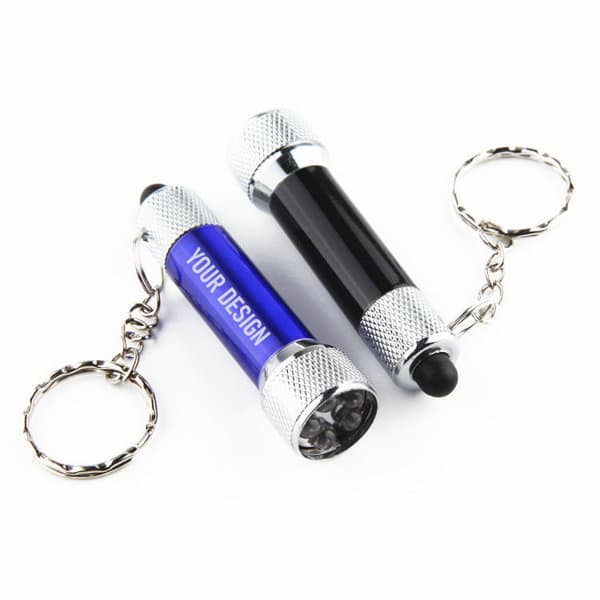 Two mini flashlight key rings in black and blue, featuring a silver metallic trim and attached key rings. Mini Flashlight Key Ring - Image 1
