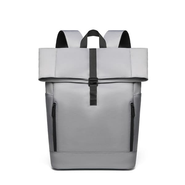 A grey men's business laptop backpack with a roll-top closure and side pockets, featuring a logo. Men's Business Laptop Backpack - Image 1