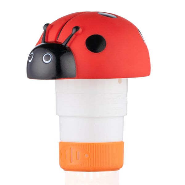 A red and black floating pool chlorine dispenser featuring a ladybug design with an orange base and a logo. Floating Pool Chlorine Dispenser - Image 1
