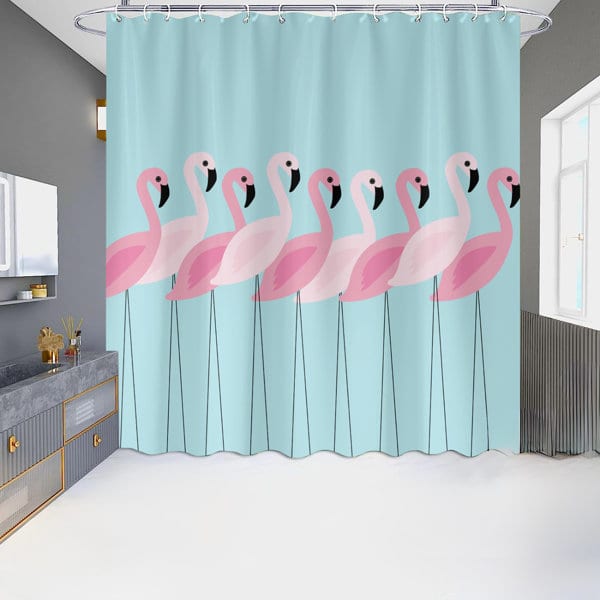 A polyester bathroom curtain featuring pink flamingos on a light blue background. The curtain has a modern design and a chrome ring. Polyester Bathroom Curtain - Image 1
