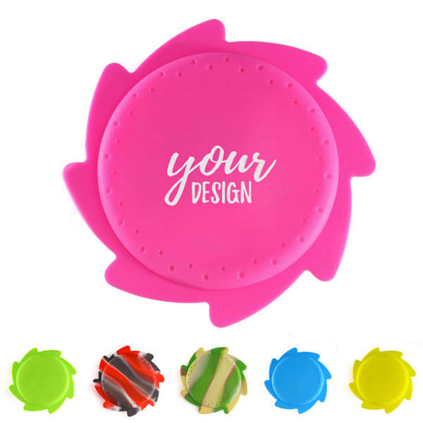 A pink flying disc with a flexible design and four additional discs in green, orange, and yellow. It has a logo. Beach Summer Sprinkling Flying Discs Toys - Image 1