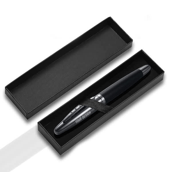A sleek metal ballpoint pen with a matte black handle, presented in a black box. It features a logo. Metal Ballpoint Pen With Matte Handle - Image 1