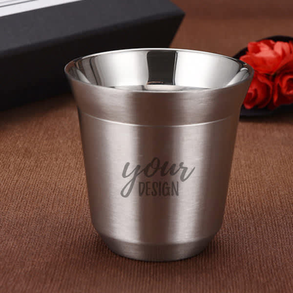 A stainless steel coffee mug with a sleek silver finish and a branding placeholder. 5.4oz. Portable Stainless Steel Coffee Mug - Image 1