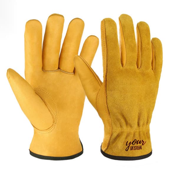 A pair of yellow leather gardening work gloves with a textured palm and an area for custom design. Leather Gardening Work Gloves - Image 1