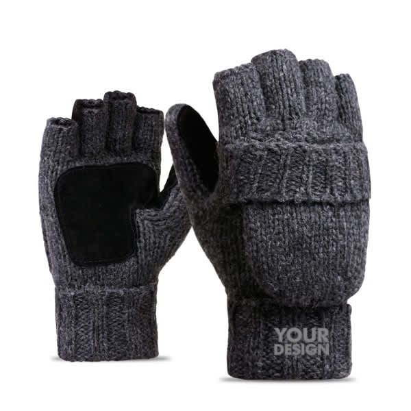 Wool fingerless pop-top gloves in dark grey, featuring a textured knit design and a logo on the palm area. Wool Fingerless Pop-Top Gloves - Image 1