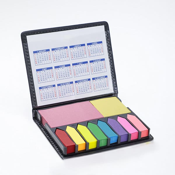 Sticky memo notes in various bright colours housed in a black PU leather packing box, featuring a calendar inside. Sticky Memo Notes With PU Leather Packing Box - Image 1