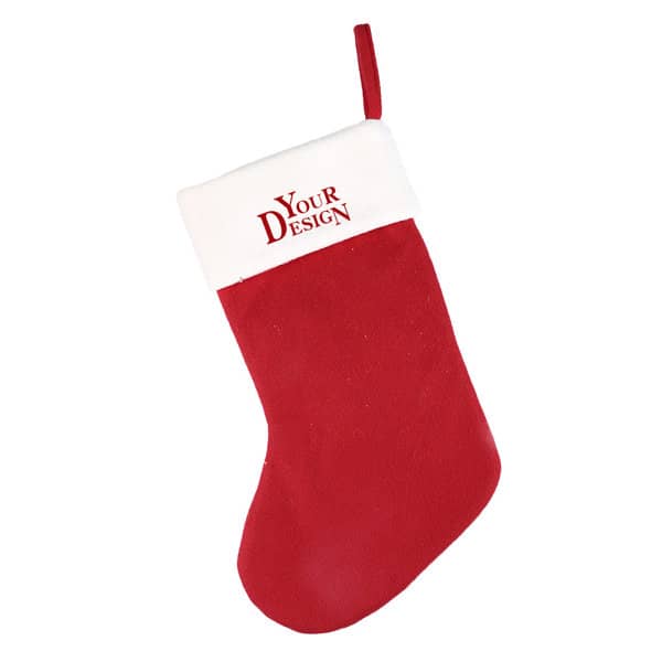 A red felt Christmas stocking with a white cuff featuring a logo or branding at the top. Felt Christmas Stocking - Image 1
