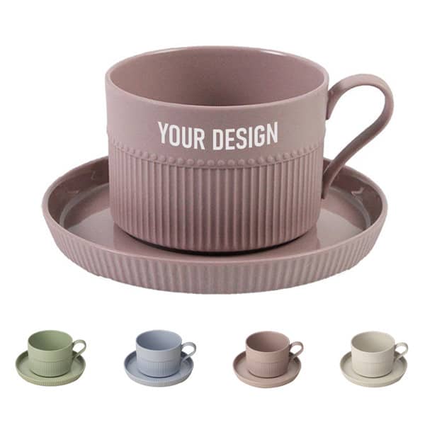 A pink porcelain coffee mug with a patterned surface, accompanied by a matching saucer, featuring a logo. Porcelain Coffee Mug With Saucer - Image 1