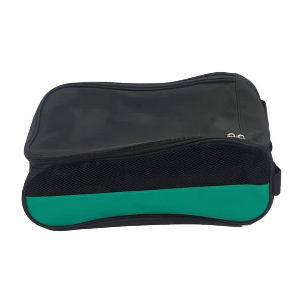 A portable zippered golf shoe bag in black with a green accent, featuring a mesh panel on the bottom. Portable Zippered Golf Shoe Bag - Image 1