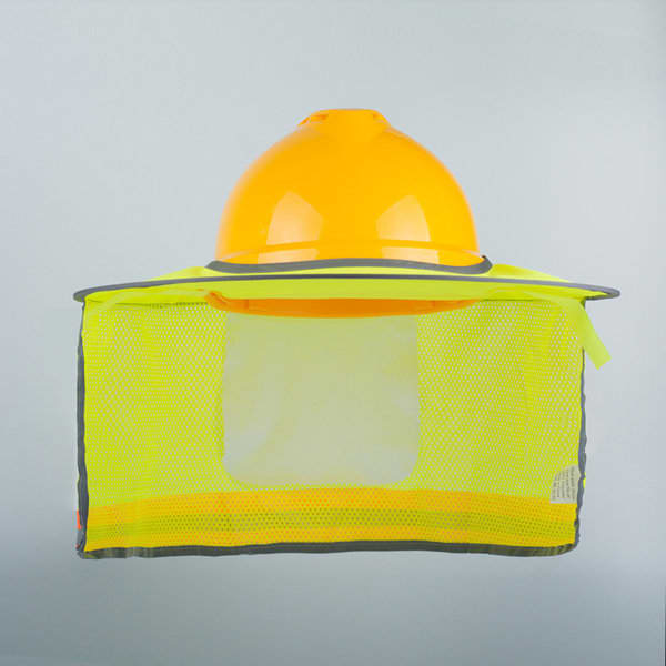 A bright yellow hard hat with a full brim and mesh neck sunshade. The neck shade is reflective and made of mesh material. Full Brim Mesh Neck Sunshade Hard Hat - Image 1