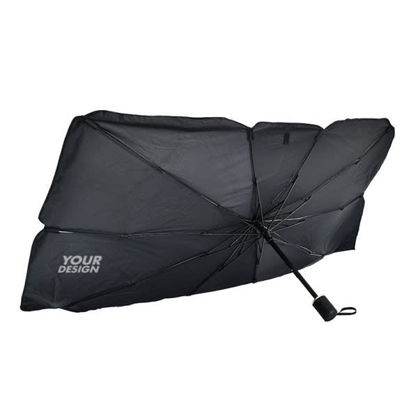 A black sun shade umbrella for car windshields with a handle and a branding area for custom designs. Car Windshield Sun Shade Umbrella - Image 1