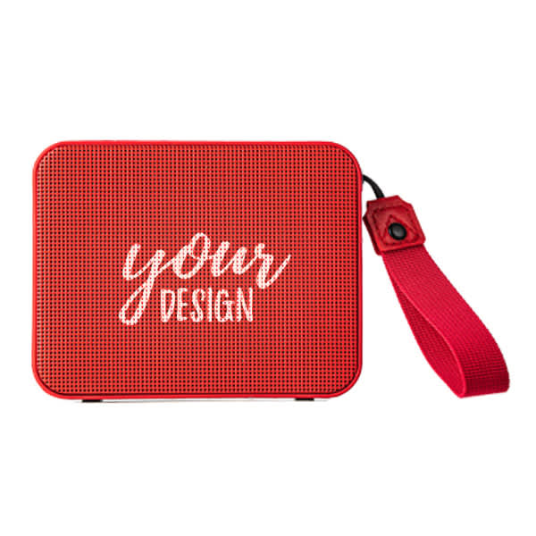 A red mini waterproof speaker with a black strap and a surface designed for personalised branding. Mini Waterproof Speaker - Image 1