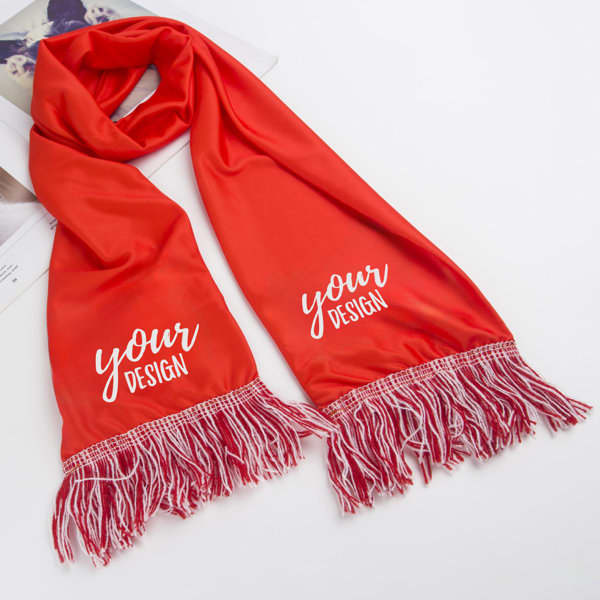 A bright red custom sports fan scarf with white fringes and space for personalised design. Custom Sports Fan Scarf - Image 1