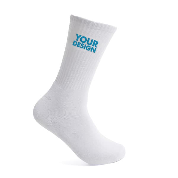 A white crew sock with a logo on the side, featuring a customizable area for design. Custom Casual Crew Socks - Image 1
