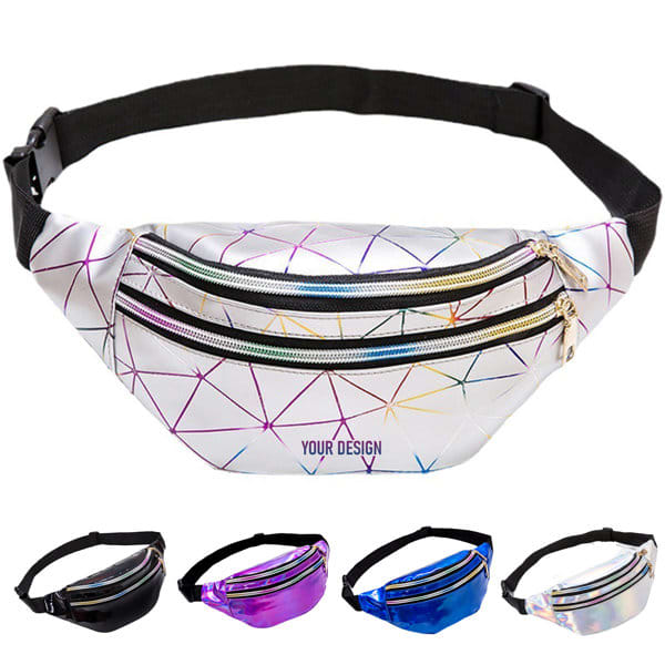 A custom waterproof waist bag in white with a geometric design, featuring multiple zippered compartments and a black strap. Custom Waterproof Waist Bag - Image 1