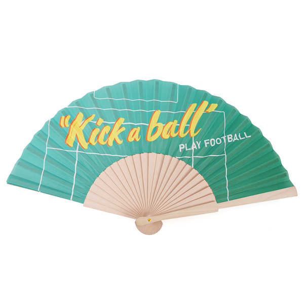 A custom handheld fan in green with a wooden handle and a logo. Features "Kick a ball" design. Custom Handheld Fan - Image 1