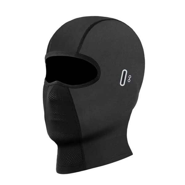 A black custom balaclava ski mask with a seamless design and a logo on the side. Custom Balaclava Ski Mask - Image 1
