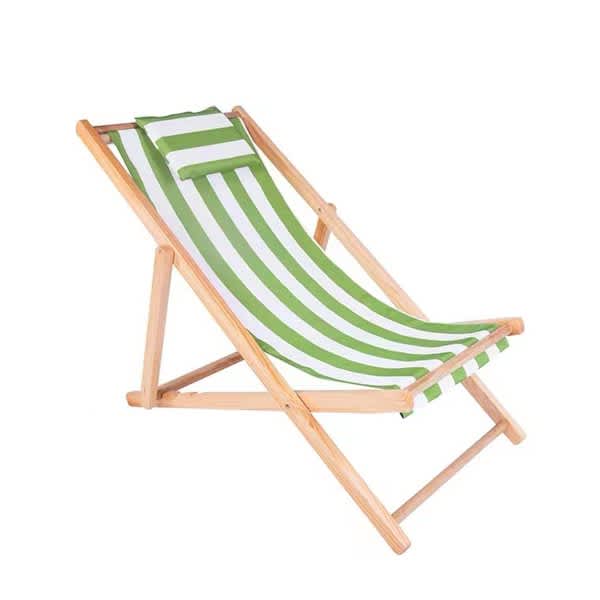 A foldable outdoor beach chair with green and white stripes and a wooden frame. It features a headrest and a logo. Foldable Outdoor Beach Chair - Image 1