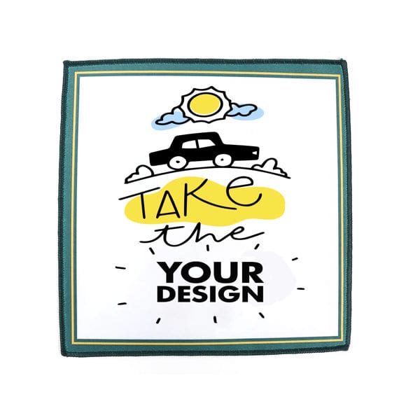A personalised eyeglass cleaning cloth featuring a car graphic, sun, and abstract shapes in yellow and black. Personalized Eyeglass Cleaning Cloth - Image 1