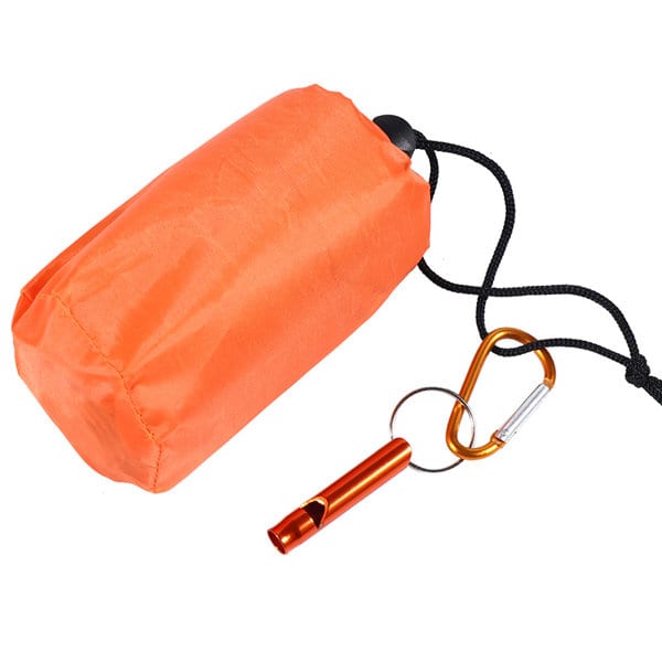 An orange waterproof thermal survival bivy bag with a drawstring and a carabiner attached. It includes a whistle. Waterproof Thermal Survival Bivy Bag - Image 1
