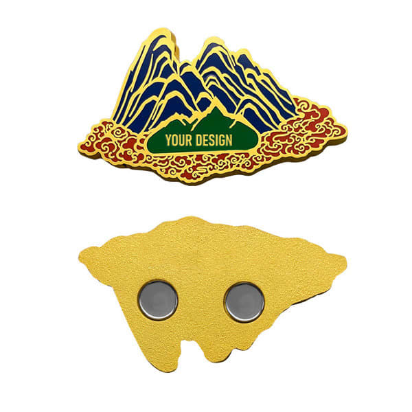 A metal fridge magnet featuring a mountain design in blue and gold, with a green area for customisation. Personalized Metal Fridge Magnet - Image 1