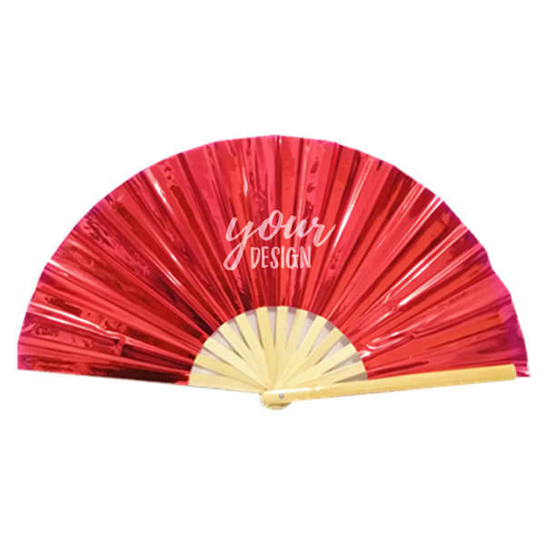 A red PVC folding fan with a wooden handle, featuring a space for custom design. It has a shiny, reflective finish. Promotion Custom PVC Folding Fan - Image 1