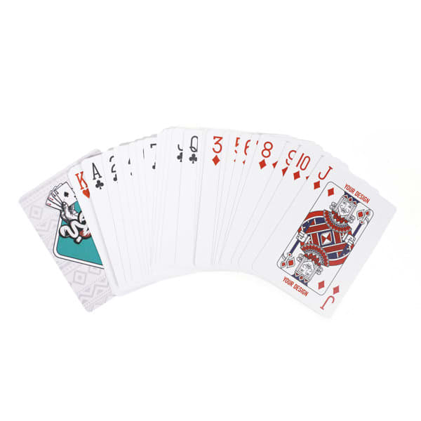 A set of custom PVC playing cards featuring a mix of red and black suits with a unique design on the back. Custom PVC Playing Cards - Image 1