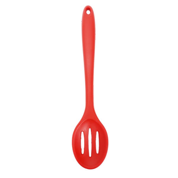 A red silicone slotted spoon with a long handle and three slots for draining. It features a branding logo. Custom Silicone Slotted Spoon - Image 1