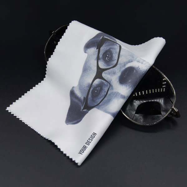 A personalised glasses cleaning cloth featuring a dog's face wearing glasses, with a black background. Personalized Glasses Cleaning Cloth - Image 1