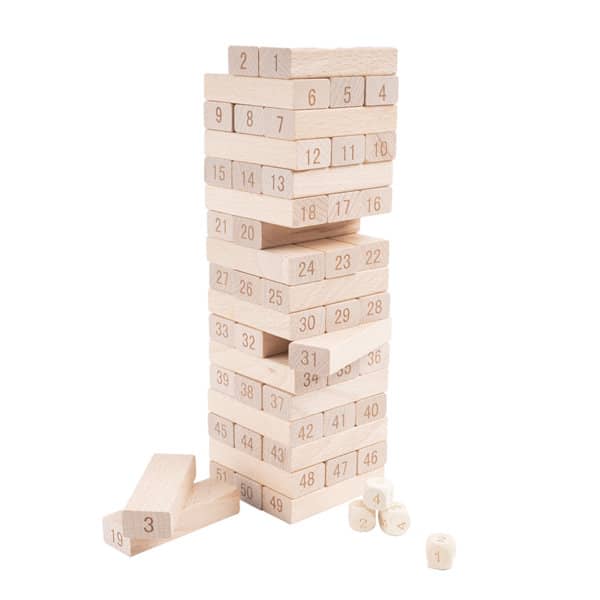 A wooden tumbling tower game with numbered blocks in a natural wood finish, stacked in various positions. Wooden Tumbling Tower - Image 1