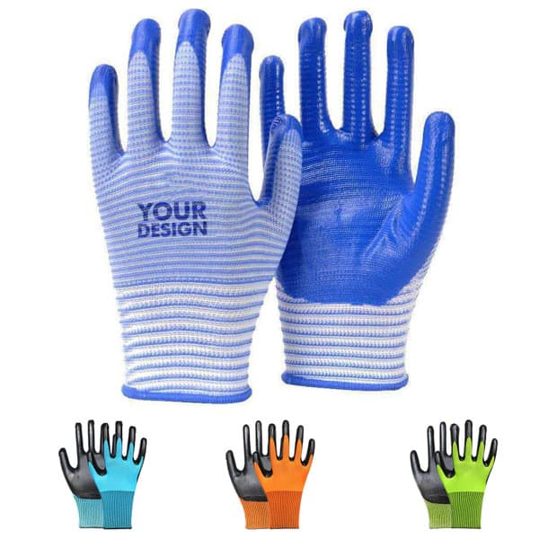 Latex coated working gloves in blue and white, featuring various colour options displayed below. There is a logo present. Latex Coated Working Gloves - Image 1