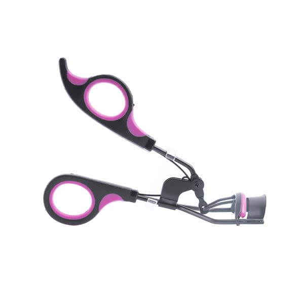 A cosmetic eyelash curler in black and pink, featuring ergonomic handles and a curved design for easy use. Cosmetic Eyelash Curler - Image 1