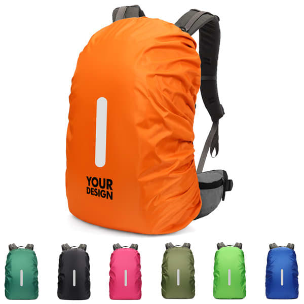 An orange backpack rain cover featuring a reflective strip, with assorted colour options displayed below. Backpack Rain Cover With Reflective Strip - Image 1