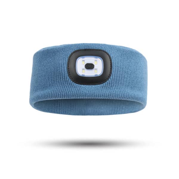 A blue sports knit headband featuring a front light and a logo. Sports Knit Headband With Light - Image 1