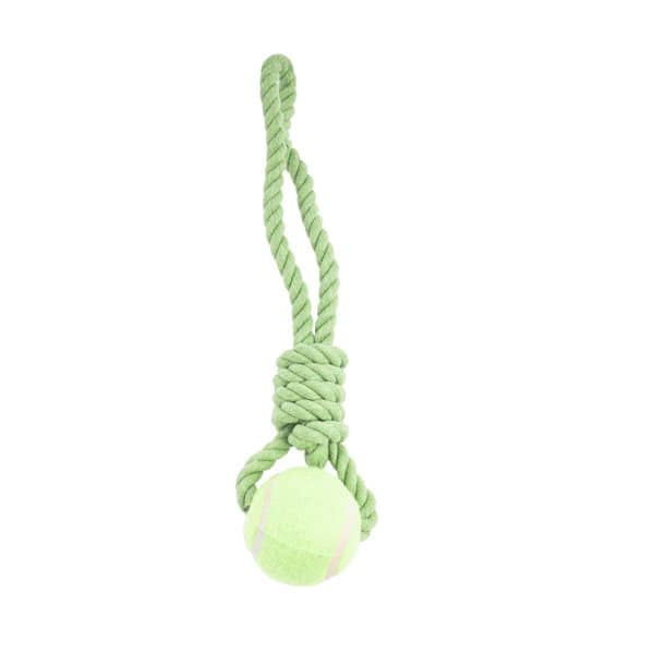 A green rope toy featuring a tennis ball attached to a twisted rope for playful fun. Pet Rope Ball Toy - Image 1