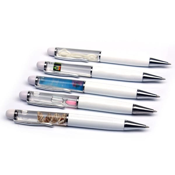 A set of five white movable liquid oil slide pens with clear sections displaying various colourful liquids. Each pen has a clip and chrome accents. Promotion Movable Liquid Oil Slide Pen - Image 1