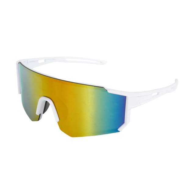 Polarized cycling sunglasses in white with a reflective, multi-coloured lens. Features a modern design and a logo. Polarized Cycling Sunglasses - Image 1