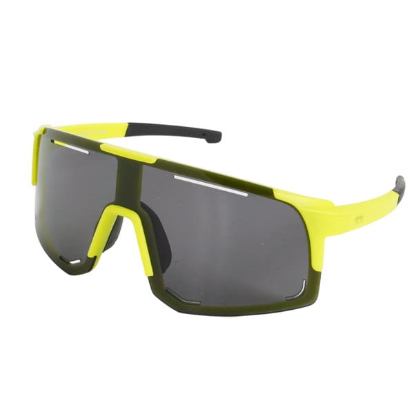 Large frame sports polarized glasses in green and vibrant yellow with dark tinted lenses, featuring a logo. Large Frame Sports Polarized Glasses - Image 1