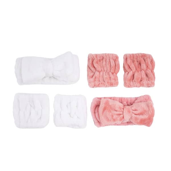 A spa headband and wrist washband set in white and pink, featuring a bow design and plush texture. Spa Headband Wrist Washband Set - Image 1