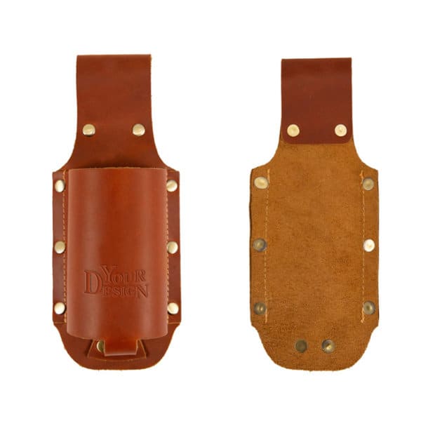 A drink bottle holder made from brown PU leather, featuring brass studs and a textured back. Includes a logo. PU Leather Beer Holster - Image 1