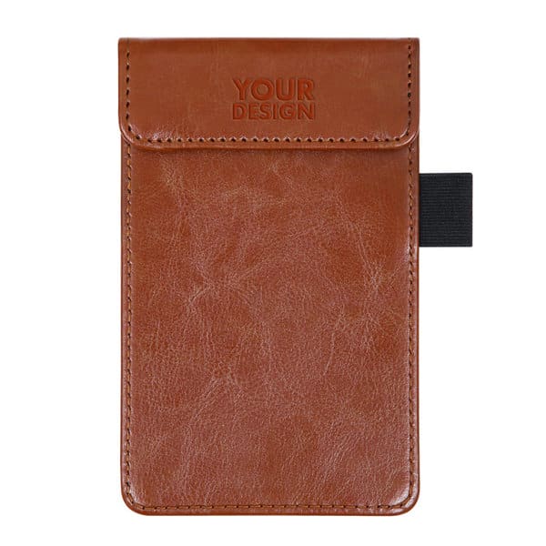 A brown PU leather magnetic folding clipboard with a textured surface and a black elastic strap. It features a logo. PU Leather Magnetic Folding Clipboard - Image 1